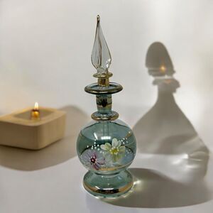 Vintage Hand Painted Delicate Blue Glass Perfume Bottle Gold Accents Floral